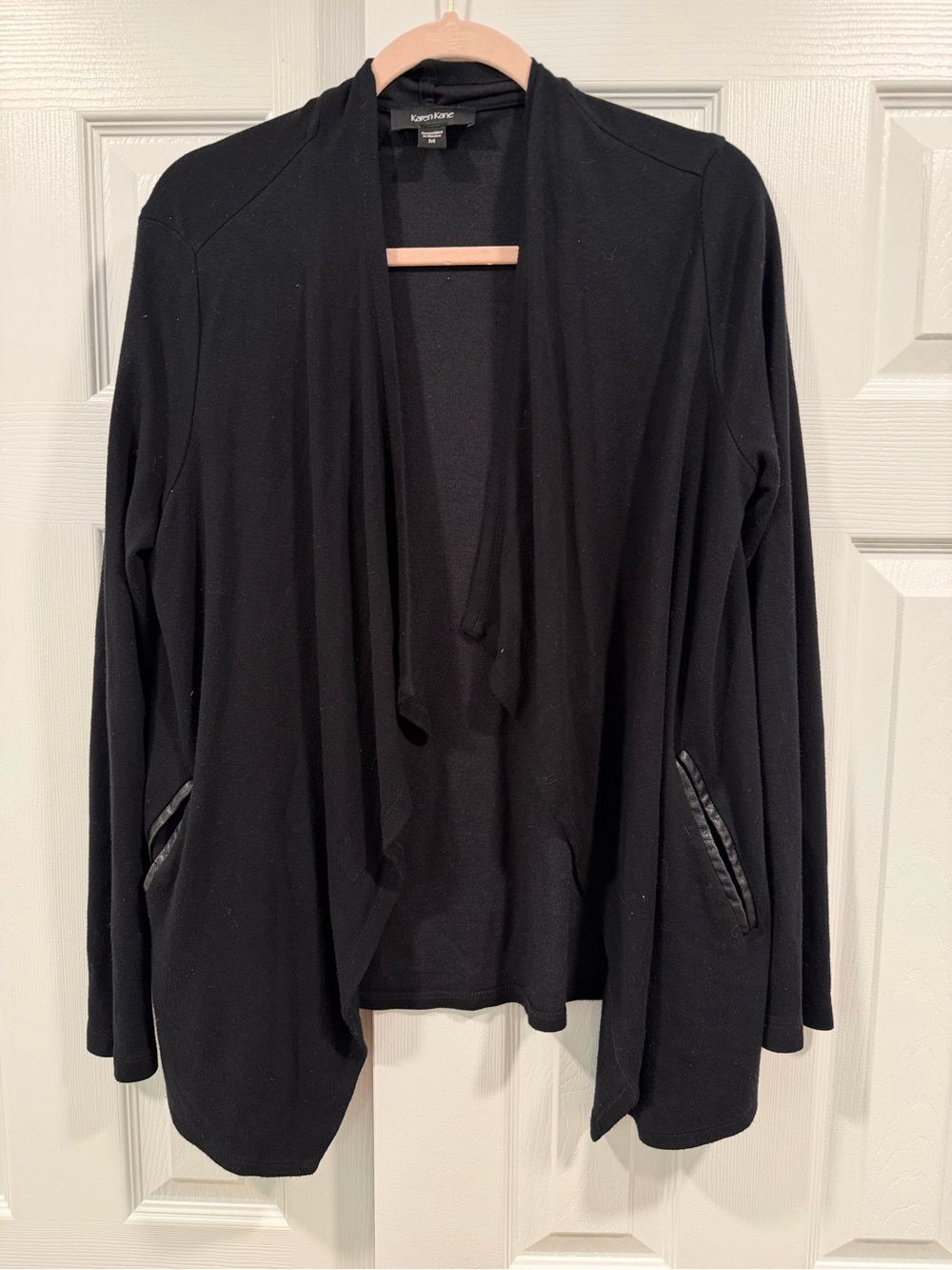 Karen Kane Black Open Front Cardigan Medium waterfall faux leather lined pockets
